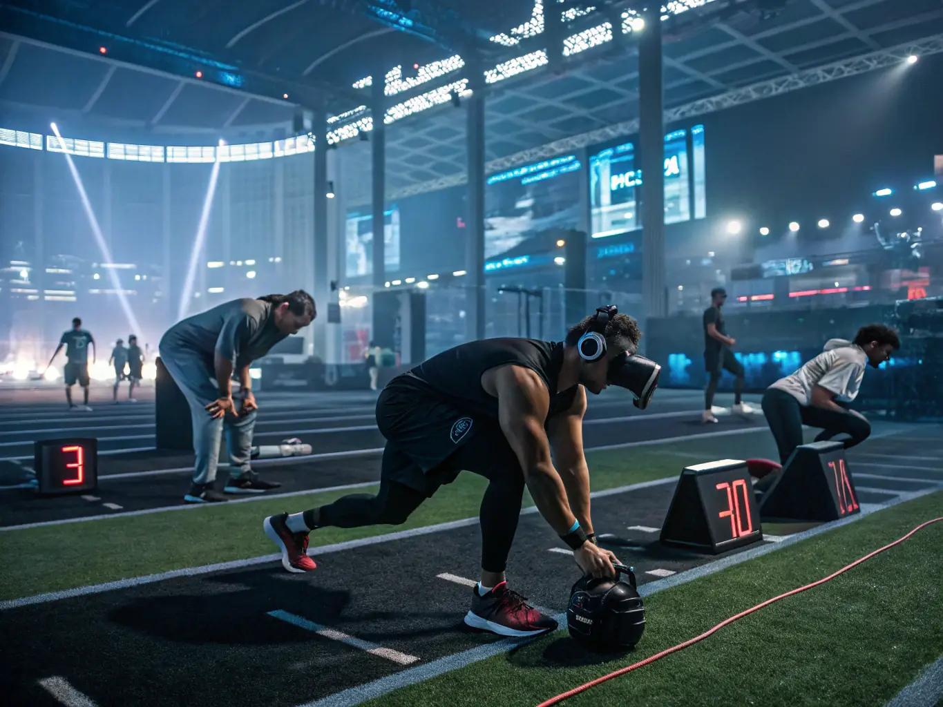 An image illustrating an athlete wearing a sensor-equipped suit, with AI algorithms analyzing their movements and providing real-time feedback on performance. The background should feature a futuristic training facility, emphasizing the integration of AI in sports training.